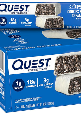 Quest Nutrition Crispy Cookies & Cream Hero Protein Bar, 18g Protein, 1g Sugar, 3g Net Carb, Gluten Free, Protein Snack, Keto Friendly, 12 Count