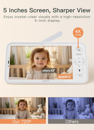 ARENTI Baby Monitor 2 Cameras, Smart Baby Camera with 5-Inch Wireless Display, Super Night Vision, Temperature Sensor, Sound Detection, Auto Motion Tracking, 2-Way Audio, VOX Mode(B2 Set)