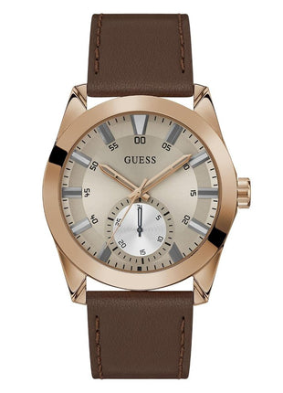 GUESS Grayson Analog Watch for Man with Grey Round Dial & Brown Leather Strap Band Water Resistant Men's Wrist Watches - GW0793G3