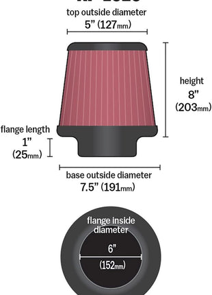 K&N High-Flow Original Lifetime Universal Clamp-On Air Filter: High Performance, Premium, Washable: Flange Diameter: 6 In, Filter Height: 8 In, Flange Length: 1 In, Shape: Round Tapered, RF-1020