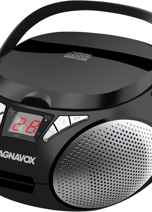 Magnavox MD6924 Portable Top Loading CD Boombox with AM/FM Stereo Radio in Black | CD-R/CD-RW Compatible | LED Display | AUX Port Supported | Programmable CD Player |
