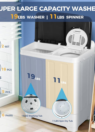 Nictemaw Portable Washing Machine for Apartment, 30Lbs Twin Tub with Pump | Semi-Automatic, 19Lbs+11Lbs Washer and Spin-Dryer Combo, Dual Motor, Time Control, Compact Top Load for Dorms, Rv, Camping