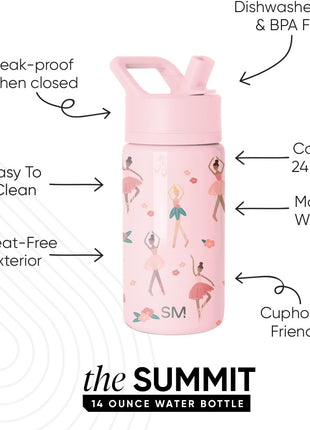 Simple Modern Kids Summit Water Bottle with Straw Lid | 14oz Stainless Steel Cup Insulated Tumbler for Toddlers, School | Pink Ballerina