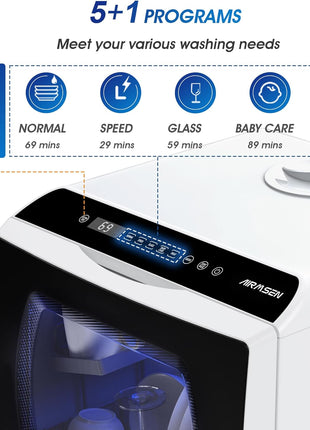 AIRMSEN Portable Countertop Dishwashers, 5 Washing Programs Mini Dishwashers with 5 L Built-in Water Tank and Double-layered Glass Door, No Hookup Needed for Home, Apartments & RVs