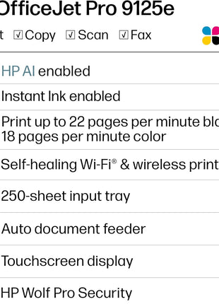 HP OfficeJet Pro 9125e Wireless All-in-One Color Inkjet Printer, Print, scan, copy, fax, ADF, Duplex printing best-for-office, 3 month Instant Ink trial included, AI-enabled (403X0A)