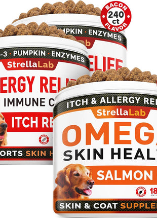 STRELLALAB Allergy Relief 2 Packs 240ct + Omega 3 180ct for Dogs Bundle - Itchy Skin Treatment + Skin&Coat Supplement - Omega 3 & Pumpkin - Allergy Chews & Anti Itch Support Supplement - Made in USA