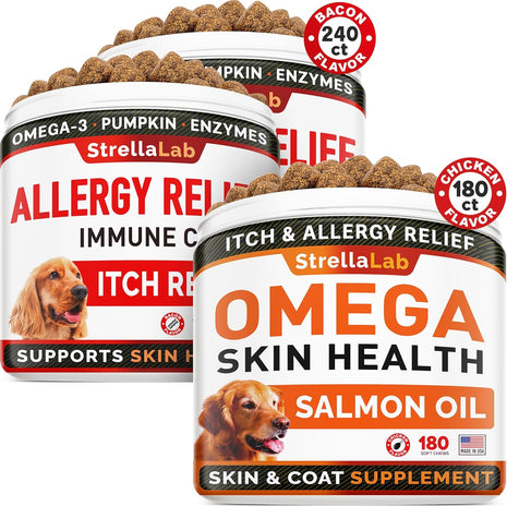 STRELLALAB Allergy Relief 2 Packs 240ct + Omega 3 180ct for Dogs Bundle - Itchy Skin Treatment + Skin&Coat Supplement - Omega 3 & Pumpkin - Allergy Chews & Anti Itch Support Supplement - Made in USA