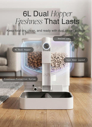 Automatic Cat Feeder with Camera for Multiple Cats & Dogs, 6L Dual Hopper | AI Recognition for Up to 3 Pets, 5/2.4 GHz WiFi App Control, 1080p Dual Cameras, Night Vision, Two-Way Audio