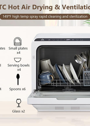Portable Countertop Dishwasher, Compact Mini Dishwashers with 5 L Built-in Water Tank, 5 Washing Programs, Air-Drying Function, 360° Dual Spray & High-Temp, for Home, RV, Apartment, Pure White