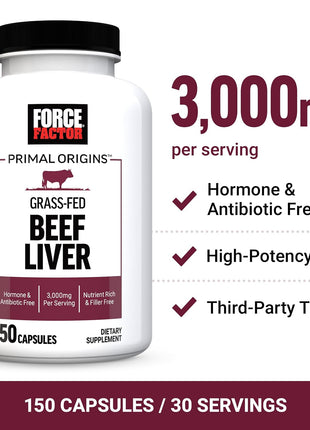 Force Factor Primal Origins Beef Liver Capsules | Grass Fed Beef Organ Supplement, Pasture-Raised, Hormone & Antibiotic Free, Non-GMO, 150 Capsules