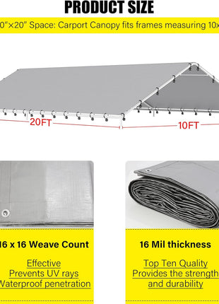 DWALE 10 x 20 Ft Carport,Replacement Canopy Cover Garage Top Tent Shelter Tarp,Grey with 48 Ball Bungee Cords Waterproof & UV Protected (Only Tarp Cover, Frame Not Include)