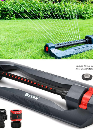 Eden 96213 Essential Turbo Oscillating Water Sprinkler, Covers Up to 3,600 sq. ft., 16 Nozzles, Weighted Base, Adjustable Range, Quick Connect Bundle, Dark Grey, Red, Silver