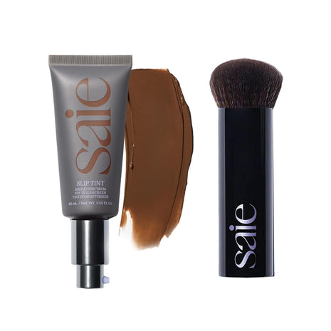 Saie Glow & Blend Duo - Slip Tint Tinted Moisturizer SPF 35 Shade Nine + Half (1.35 oz), The Big Liquid Foundation Brush (1 Count), Hydrating Glow & Seamless Blending