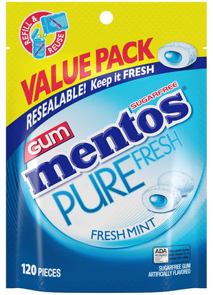 Mentos Pure Fresh Sugar Free Chewing Gum with xylitol, Fresh Mint, 120 Piece Bulk Resealable Bag (Pack of 1)