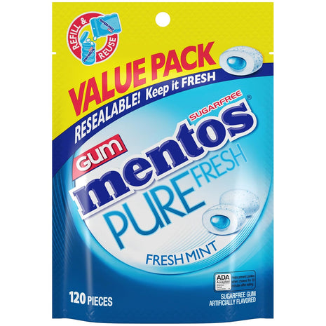 Mentos Pure Fresh Sugar Free Chewing Gum with xylitol, Fresh Mint, 120 Piece Bulk Resealable Bag (Pack of 1)