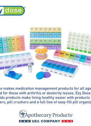 Ezy Dose Weekly (7 Day) AM/PM Pill Organizer, Vitamin and Medicine Box, Small Pop out Compartments, 2 Times a Day, Blue and Purple Lids