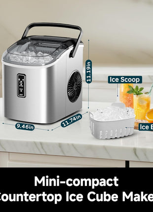 EUHOMY Ice Maker Countertop, 9 Cubes Ready in 6 Mins, 26lbs/24H, Self-Cleaning, Portable Ice Maker Machine with Carry Handle, Basket and Scoop, 2 Sizes of Bullet Ice for Home, Kitchen, Office
