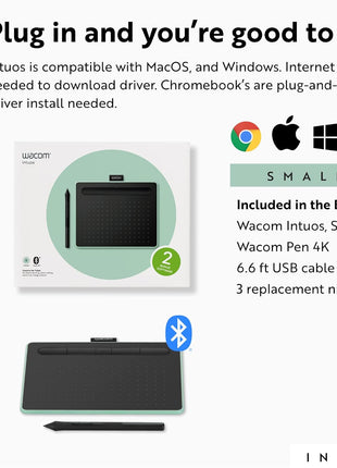Wacom Intuos Small Bluetooth Graphics Drawing Tablet, Portable for Teachers, Students and Creators, 4 Customizable ExpressKeys, Compatible with Chromebook Mac OS Android and Windows - Pistachio