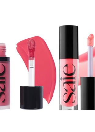 Saie Dewy Glow Duo - Dew Liquid Blush - (.40 oz, Flirty), Glossybounce Lip Gloss-Oil Hybrid (.17 oz, Burst) - Hydrating, Vegan Makeup for Radiant Cheeks & Lips