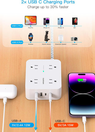 Surge Protector Power Strip - HANYCONY 8 Outlets 4 USB (2 USB C) Charging Ports, Multi Plug Outlet Extender, 5Ft Braided Extension Cord, Flat Plug Wall Mount Desk Charging Station for Home Office ETL