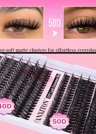 FANXITON DIY Lash Extension Kit Volume Lash Clusters 40D+50D D Curvature Individual Lashes Lash Clusters Kit Thick Eyelash Extension Kit 280 pcs Thin Band Cluster Lashes Lash Bond and Seal Tweezers
