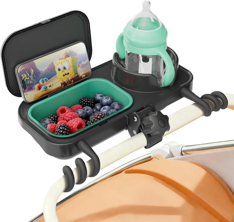 Universal Stroller Snack Tray, Cup Holder & Removable Silicone Tray | Stable Dual-Lock, No-Slip Silicone Arms, Dishwasher Safe, Fits Uppababy/Nuna/Mockingbird, Secure Grip for 0.4"-1.5" Bars
