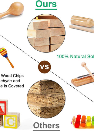 LOOIKOOS Montessori Natural Wooden Musical Instruments Set for Toddlers Preschool Educational Percussion Toys with Storage Bag, Safe Early Learning Toys for Boys Girls (3+)