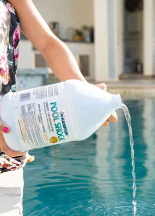 CPDI Champion 4-Pack Pool Shock Liquid Chlorine, 12.5 Sodium Hypochlorite, 1 Gallon – Ready-to-Use Treatment for Clear Water and Algae Control in Above Ground & Inground Swimming Pools