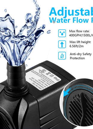 Fountain Pump, 400GPH Submersible , Durable 25W Outdoor Water Pump with 6.5ft Power Cord, 3 Nozzles for Aquarium, Pond, Fish Tank, Water Pump Hydroponics, Backyard Fountain