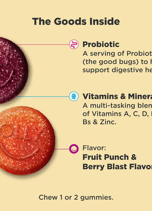 OLLY Kids Multivitamin & Probiotic Gummy, Digestive Support, Vitamins A, D, C, E, B, Zinc, Chewable Supplement, Berry Flavored, 50 Day Supply - 100 Count