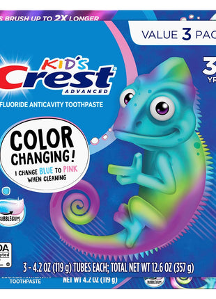 Crest Advanced Kid's Fluoride Toothpaste, Bubblegum Flavor, 4.2 oz, 3 Count, Color-Changing Anticavity Toothpaste
