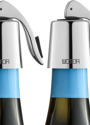 WOTOR Stainless Steel Wine Bottle Stoppers with Silicone   Reusable Wine Saver and Decorative Bottle Sealer, Leakproof, Keep Fresh, Silver, 2 Pack