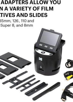 KODAK SCANZA Film & Slide Scanner, 3.5" LCD, 35mm, 126, 110, Super 8 & 8mm | Converts color/B&W negatives to 14MP/22MP JPEGs; SD up to 128GB (not included); HDMI, USB, video cable, AC adapter included