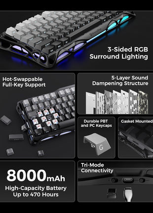 GravaStar Mercury K1 75% Wireless Mechanical Gaming Keyboard, Aluminum Alloy, Gasket Compact Custom Keyboard Hot-Swap Socket, Linear Switches, RGB Backlit - Gradient Black