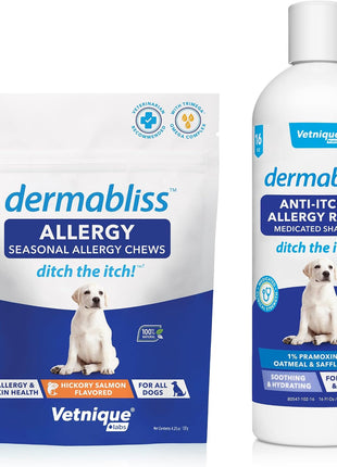 Vetnique Dermabliss Allergy Chews 30 Count and Dermabliss Anti Itch Dog Shampoo Hickory Salmon Soft Chew Supplement Dog Allergy Shampoo