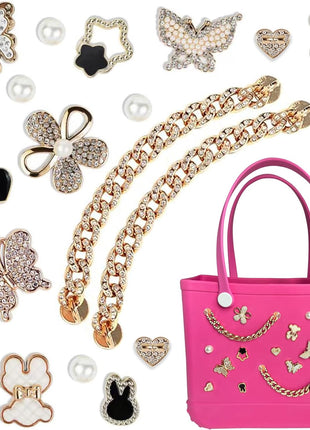 Charms for Bogg Bag,Pearls,Butterfly Flowers and Chain for Bogg Bag Accessories Charms(20 pcs)