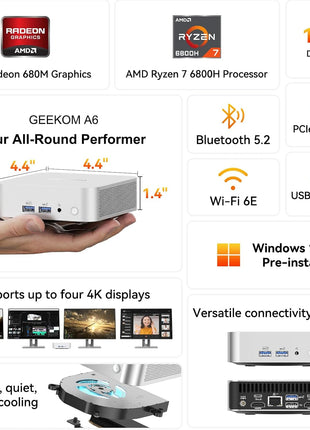 GEEKOM A6 Mini PC with AMD Ryzen 7 6800H (Beats 7730U/7640HS), 16GB DDR5 RAM (Upgradable), 1TB PCIe 4.0 SSD, Windows 11 Pro, USB4/8K/Wi-Fi 6E, Aluminium Design, Home Office & Multitasking Desktop PC