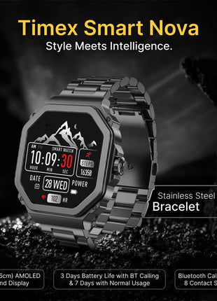 TIMEX Smart Nova 1.43 inch(3.6cm) AMOLED Display with Functional Crown, Stainless Steel Bracelet and BT Calling Smartwatch for Unisex - TWTXW1003T