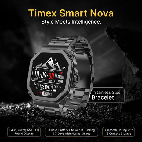 TIMEX Smart Nova 1.43 inch(3.6cm) AMOLED Display with Functional Crown, Stainless Steel Bracelet and BT Calling Smartwatch for Unisex - TWTXW1003T