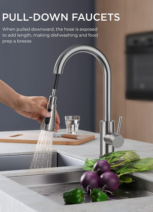 FORIOUS Kitchen Faucets with Pull Down Sprayer, Brushed Nickel, High Arc Single Handle Classic Stainless Steel Sink Faucet 1 or 3 Hole, Suitable for Farmhouse Camper Laundry Rv Bar