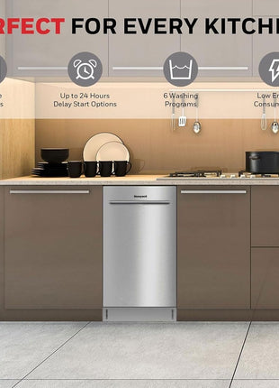 Honeywell 18-Inch Dishwasher with 8 Place Settings, 6 Washing Programs, Stainless Steel Tub, UL & Energy Star Certified, Stainless Finish