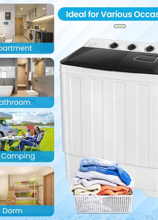 Nictemaw Portable Washing Machine, 19Lbs Washer 11Lbs Spinner, Drain Pump | 30Lbs Large Capacity Washer and Dryer Combo, Twin Tub, Time Control, Easy to Operate, for Apartment Dorms RV Home, Black