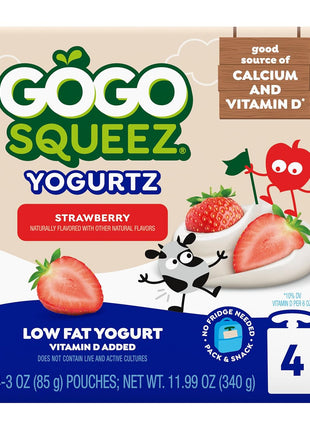 GoGo SqueeZ YogurtZ Strawberry, Kids Snacks Made from Real Yogurt & Fruit, Pantry Friendly Snack, No Fridge Needed, No Preservatives, Kosher Certified, Gluten Free, 3 Oz, 4 Pack