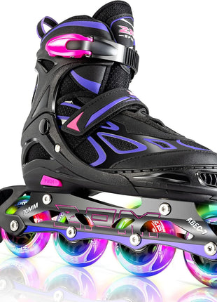 2PM Sports Vinal Girls Adjustable Flashing Inline Skates, All Wheels Light Up, Fun Illuminating Skates for Kids Men Adult Women and Boys