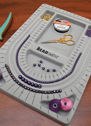 The Beadsmith Bead Board with Cover, Grey Flocked | 3 U-Shaped Channels, 6 Recessed Compartments,13.25 x 9.75 inches, Design Boards for Creating Bracelets, Necklaces and More