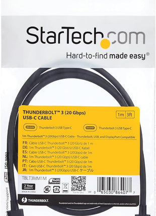 StarTech.com 1m (3.3ft) Passive Thunderbolt 3 Cable, 20Gbps, 100W PD, 4K Video, Thunderbolt Cable, Compatible with USB4/DP Alt Mode, Thunderbolt 4, USB 3.2/Type-C (TBLT3MM1M)
