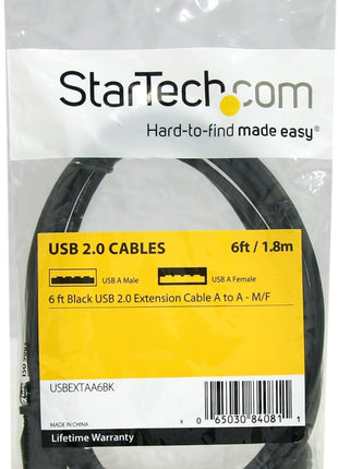 StarTech 6ft USB 2.0 Extension Cable, USB-A M/F, Black (USBEXTAA6BK) | USB-A male to USB-A female, Molded strain relief, 480Mbps