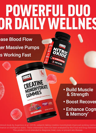 Force Factor Creatine Monohydrate Gummies & Nitric Oxide Booster, 5g Creatine + L-Arginine to Support Muscle Growth, Strength, Recovery, Circulation & Cognitive Health, 150 Gummies + 120 Capsules