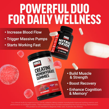 Force Factor Creatine Monohydrate Gummies & Nitric Oxide Booster, 5g Creatine + L-Arginine to Support Muscle Growth, Strength, Recovery, Circulation & Cognitive Health, 150 Gummies + 120 Capsules