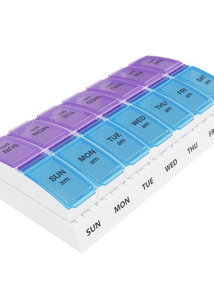 Ezy Dose Weekly (7 Day) AM/PM Pill Organizer, Vitamin and Medicine Box, Small Pop out Compartments, 2 Times a Day, Blue and Purple Lids